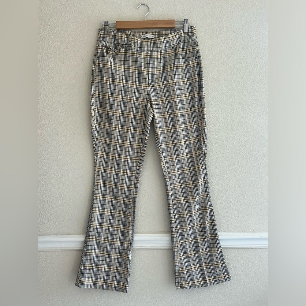 Cato Y2K Plaid Flare Pants Women Size 10 Yellow Check Bootcut Retro Academia